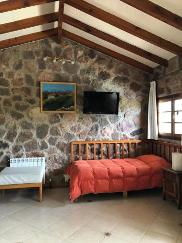 维拉卡洛斯帕兹casas lago san roque的一间石墙卧室,配有红色的床