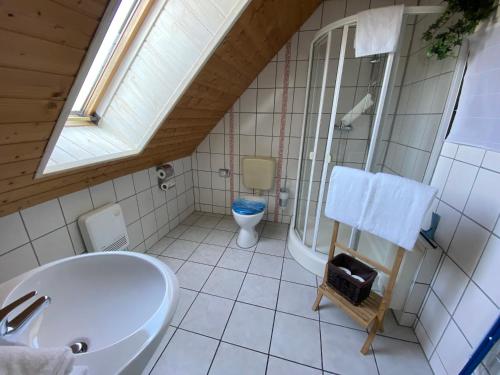 雷希林Aparthotel " Zur Müritz"的一间带水槽和卫生间的浴室