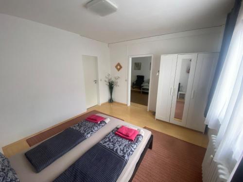 美因茨Mainz Apartment near cetral station的一间卧室配有一张带两个粉红色枕头的床