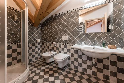 科姆梅扎杜拉Hotel Sasso Rosso的一间带水槽、卫生间和镜子的浴室