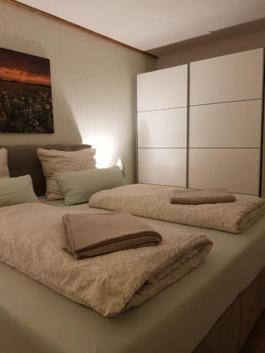 许特根瓦尔德Ferienwohnung Zur Alten Gärtnerei的一间卧室配有两张带毛巾的床
