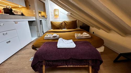 巴黎Marais Rooftop Studio - Metro Filles du Calvaire的一间小卧室,配有两张床和鞋子