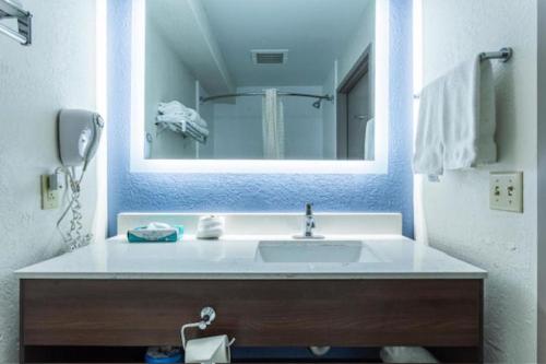 曼海姆兰开斯特套房酒店的一间带水槽和大镜子的浴室
