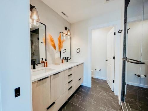 黑利New Downtown Hailey Condo with Rooftop Hot Tub的一间带水槽和镜子的浴室