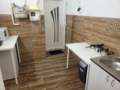 布达佩斯市中心留宿公寓的厨房配有水槽和冰箱