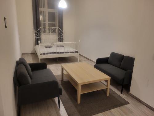 布达佩斯市中心留宿公寓的客厅配有两张沙发和一张咖啡桌