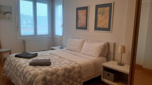 扎马亚Espacio amplio y luminoso的一间卧室设有一张大床和两个窗户。