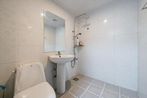 济州市Lofy house的一间带水槽、卫生间和镜子的浴室