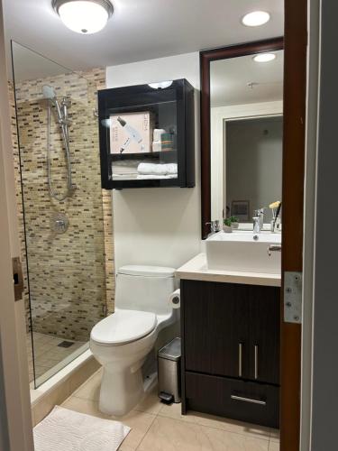 温哥华Modern top-floor 1-bedroom loft with free parking的浴室配有卫生间、盥洗盆和淋浴。
