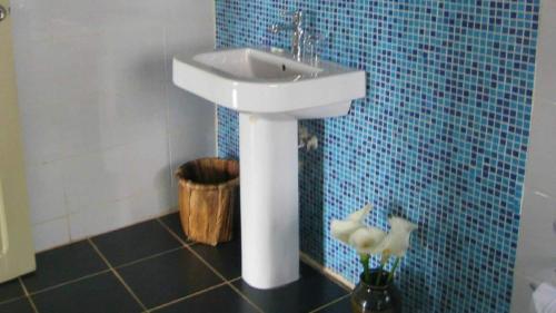 RwumbaNyungwe Hill View Hotel的浴室设有白色水槽和蓝色瓷砖