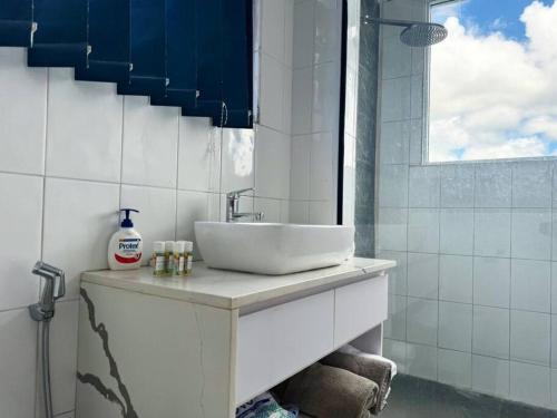 苏瓦SBs Apartment的白色的浴室设有水槽和窗户。