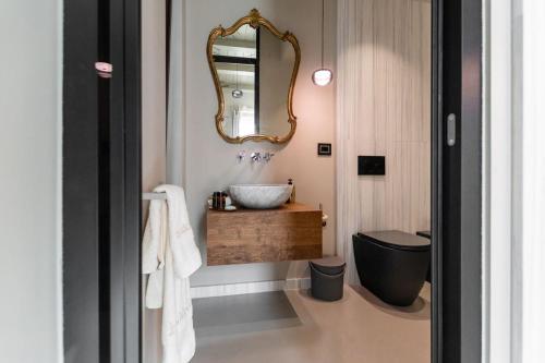 蒙蒂尼奥索Tenuta Zamparina的一间带水槽、卫生间和镜子的浴室