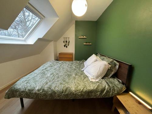 BoiKlo - Private pool, Billard, Jacuzzi - 10pax的一间卧室设有一张带绿色墙壁和窗户的床。
