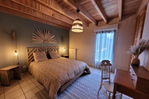 PlourhanGîte de Lourmel的一间卧室配有一张床、一张书桌和一个窗户。