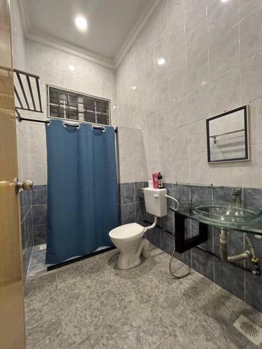 斗湖HomeStay Tawau的浴室设有卫生间和蓝色的浴帘。