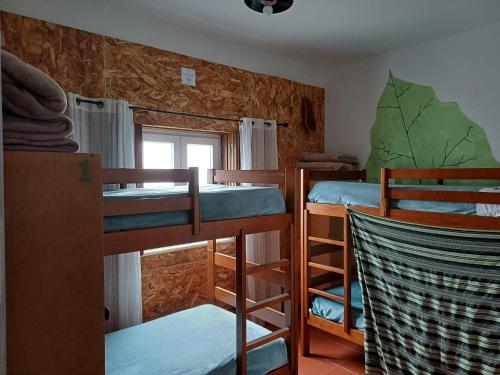 赞布热拉-杜马尔Hostel Nature的客房设有三张双层床和一扇窗户。