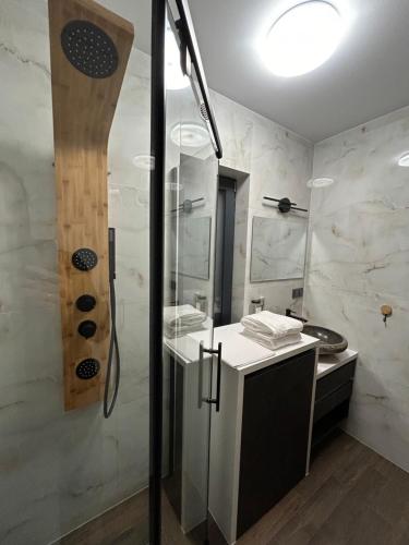 ŚciegnyREST ZONE - mountain holiday chalets的带淋浴和玻璃淋浴间的浴室(位于后门)