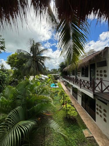巴卡拉尔Casa Delia Hotel Downtown的享有棕榈树度假村庭院的景色