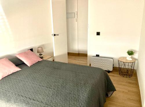 圣卡洛斯拉腊皮塔LA PEPITA的一间卧室配有一张带粉红色枕头的绿色床