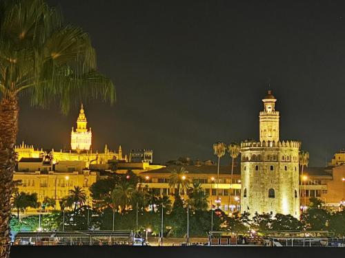 塞维利亚Betis del Oro的一座城市,在晚上有钟楼和建筑