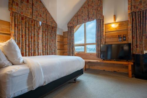 戈尔登Basecamp Lodge Golden的一间卧室配有一张床和一台平面电视