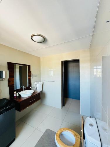 Katutura2BR Apartment near Etosha的一间带卫生间、水槽和镜子的浴室