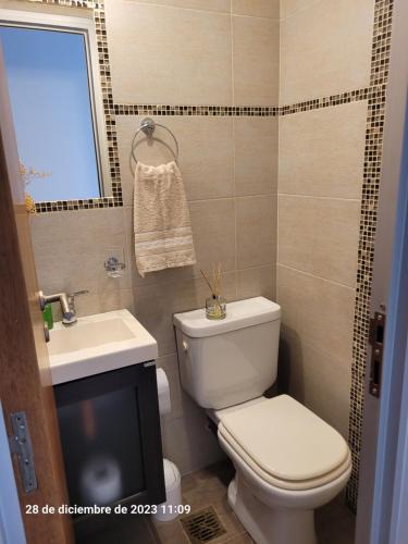 波萨达斯Departamento centrico en Posadas的一间带卫生间和水槽的浴室以及一台电视。