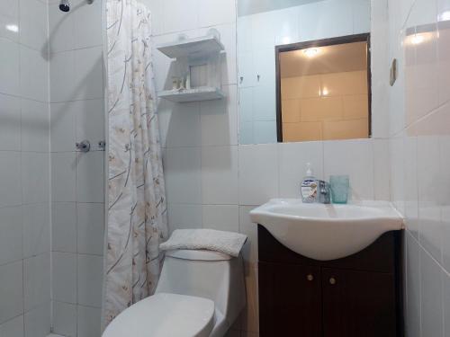 普孔Verdevida Apart Hotel的白色的浴室设有卫生间和水槽。
