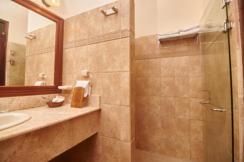 格拉纳达Hotel Plaza Colon - Granada Nicaragua的带淋浴、盥洗盆和镜子的浴室