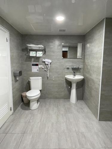 桃园市溫情自助旅店的一间带卫生间和水槽的浴室