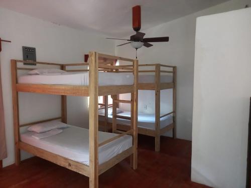 西区TOnat Caribe Hostel的带吊扇的客房内的两张双层床
