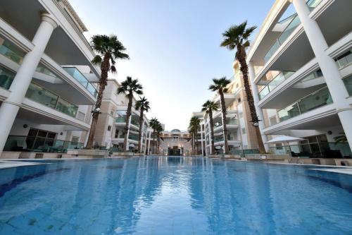 埃拉特דירת גן על שפת הבריכה的棕榈树大建筑内的大型游泳池