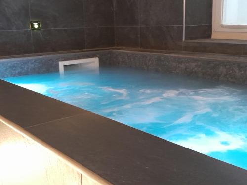 佛罗伦萨Hotel Mia Cara & Spa的客房内的浴缸里装满了蓝色的水