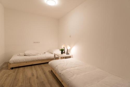 哈莱姆Kampervest Apartment Haarlem的配有白色墙壁和木地板的客房内的两张床