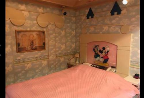 Ayabe綾部アイネ的一间卧室配有一张带粉红色床罩的床
