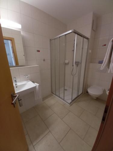 萨永赛隆伊娃森萨酒店的带淋浴、盥洗盆和卫生间的浴室