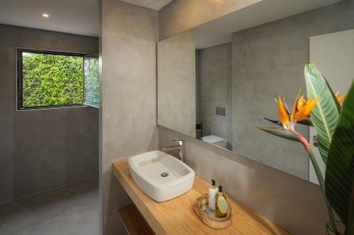 蓬塔德尔加达Carmo Country Villas的一间带白色水槽和窗户的浴室