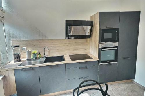 特鲁瓦Le Vauluisant | Appartement Confort | Mon Groom的厨房配有水槽和微波炉