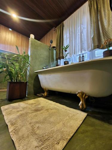 康提伽尔坎达瓦拉瓦酒店的浴缸位于带地毯的浴室内