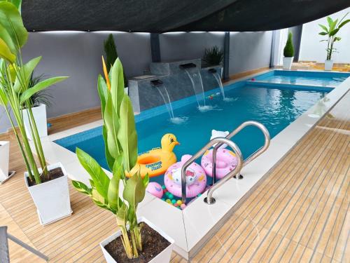 淡马鲁Homestay Temerloh Nasuha Homestay For Muslim Near Hospital with Private Pool Wi-Fi Netflix的一个带两个橡胶鸭子的游泳池