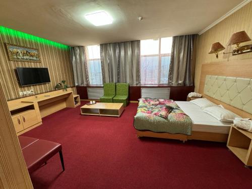 阿拉木图Zolotoi Drakon Hotel的一间酒店客房,配有一张床和一台电视