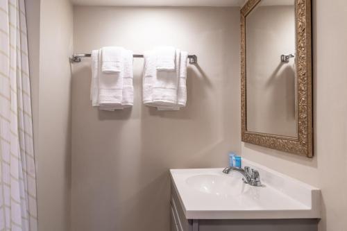 萨拉纳克莱克Sara Placid Inn & Suites的浴室配有盥洗盆、镜子和毛巾
