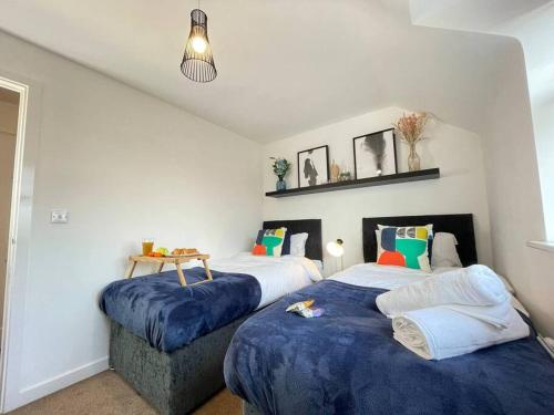 伯明翰Urban Oasis in Lively Selly Oak!的一间卧室配有两张蓝色床罩