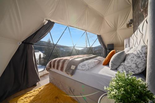 什平德莱鲁夫姆林Glamping Špindl的一个带大窗户的帐篷内一间卧室,配有一张床