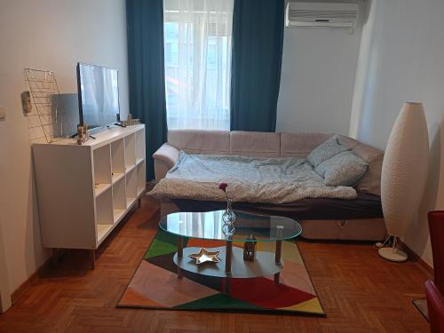 弗拉查尔（历史区）Clockwork orange apartment的带沙发和玻璃桌的客厅