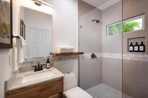 桑迪湾Puerta Azul的浴室配有卫生间、盥洗盆和淋浴。