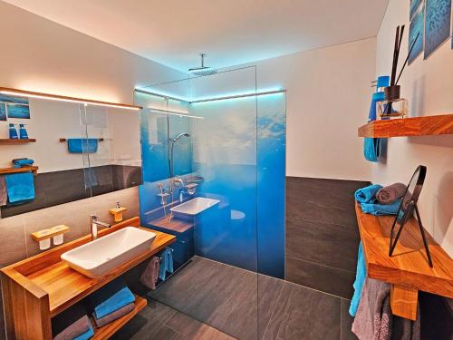 迪森蒂斯3,5 Zimmer Dachwohnung: Modern, komfortabel, zentral, mit Bergsicht的一间带水槽和玻璃淋浴的浴室