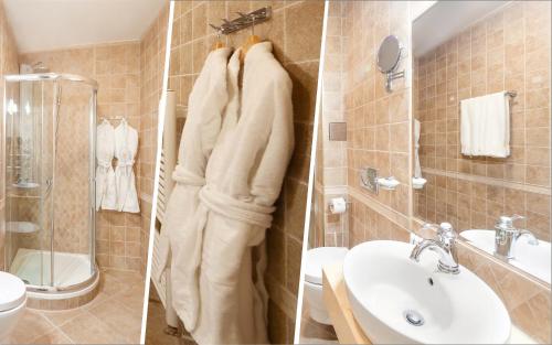 布拉格Hotel General Old Town Prague的浴室设有水槽和卫生间,两幅图片
