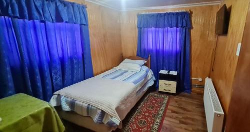 威廉斯港Hostal Beagle的一间卧室配有蓝色窗帘和一张地毯床