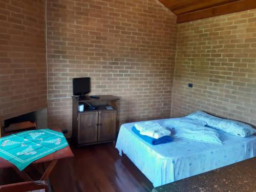 贡萨尔维斯Chalé Recanto Lobo Guará的一间卧室配有一张床、一台电视和一张桌子